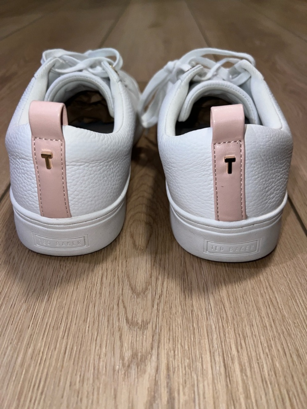 Ted Baker White Leather Sneakers with Blush Heel Tab - Picture 7 of 16